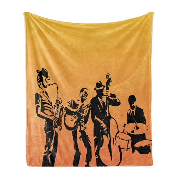 Jazz Music Soft Flannel Fleece Blanket, Silhouette of Jazz Quartet Performing on Stage Acoustic Passion Old Style Art, Cozy Plush for Indoor and Outdoor Use, 50" x 60", Mustard Black, by Ambesonne