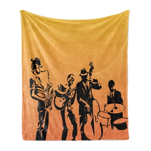 Jazz Music Soft Flannel Fleece Blanket, Silhouette of Jazz Quartet Performing on Stage Acoustic Passion Old Style Art, Cozy Plush for Indoor and Outdoor Use, 50" x 70", Mustard Black, by Ambesonne