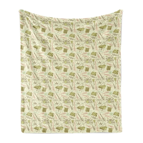 Jazz Music Soft Flannel Fleece Throw Blanket, Doodle Different Instruments Entertainment Band Equipment Drawing, Cozy Plush for Indoor and Outdoor Use, 60" x 80", Blush Khaki and Beige, by Ambesonne