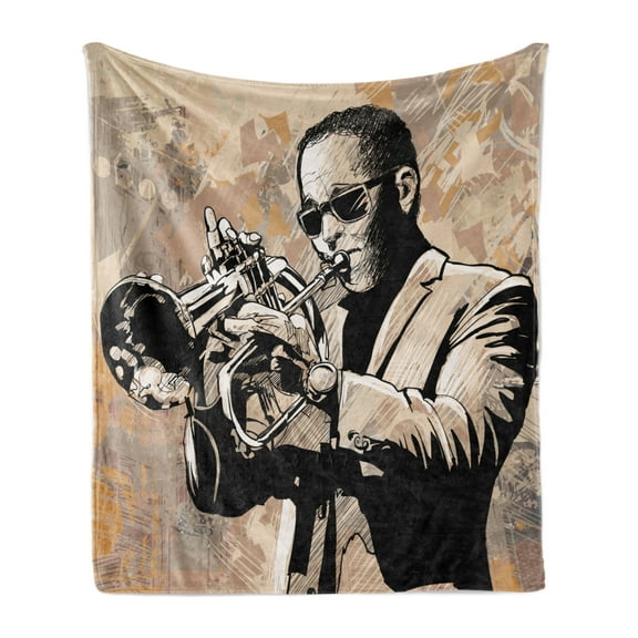 Jazz Music Soft Flannel Fleece Throw Blanket, Grunge Style Illustration of Musician Sunglasses Playing Trumpet, Cozy Plush for Indoor and Outdoor Use, 60" x 80", Beige Black, by Ambesonne