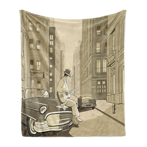 Jazz Music Soft Flannel Fleece Throw Blanket, Illustration of a Guitarist in an Old Street of New York Buildings Music Cityscape, Cozy Plush for Indoor and Outdoor Use, 70" x 90", Beige, by Ambesonne