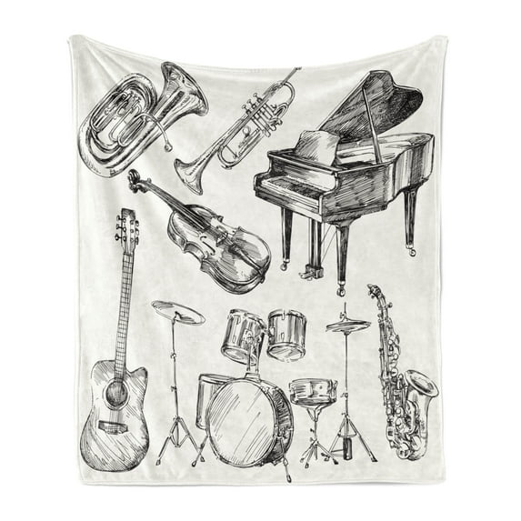 Jazz Music Soft Flannel Fleece Throw Blanket, Illustration of Musical Instruments Sketch Style Art Trumpet Piano Guitar, Cozy Plush for Indoor and Outdoor Use, 70" x 90", Beige Black, by Ambesonne