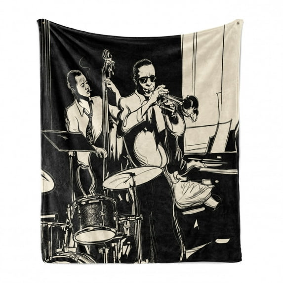 Jazz Music Soft Flannel Fleece Throw Blanket, Nostalgic Theme Band with Double Bass Trumpet Piano and Drums, Cozy Plush for Indoor and Outdoor Use, 50" x 60", Charcoal Grey Champagne, by Ambesonne