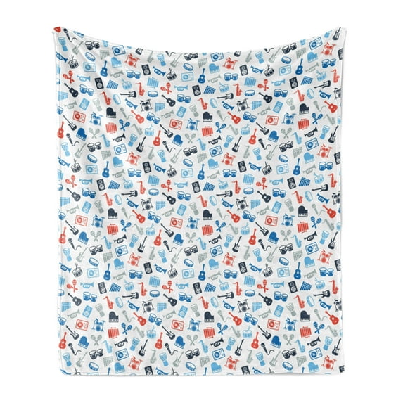 Jazz Music Soft Flannel Fleece Throw Blanket, Retro Style Pattern of Various Different Instrument Band Orchestra, Cozy Plush for Indoor and Outdoor Use, 70" x 90", Blue Red Grey, by Ambesonne
