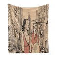 thumbnail image 1 of Jazz Music Soft Flannel Fleece Throw Blanket, Singer Double-Bass Player in a Street of New York Urban Lifestyle Image, Cozy Plush for Indoor and Outdoor Use, 50" x 60", Brown Beige, by Ambesonne, 1 of 5