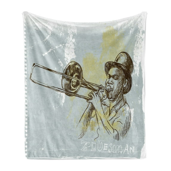 Jazz Music Soft Flannel Fleece Throw Blanket, Trumpet Player Illustration Rock and Roll Party Classic Design, Cozy Plush for Indoor and Outdoor Use, 50" x 60", Grey Yellow Black, by Ambesonne