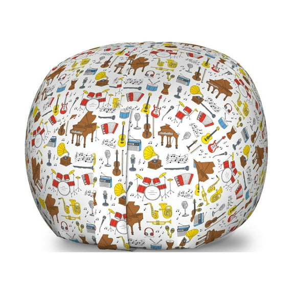 Jazz Music Storage Toy Bag Chair, Musical Instruments Pattern with Big Orchestra Drums Piano Guitar Accordion, Stuffed Animal Organizer Washable Bag, Large Size, Multicolor, by Ambesonne