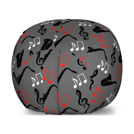 Jazz Music Storage Toy Bag Chair, Music Notes Treble Clef Saxophone Pattern Abstract Design Blues Performance, Stuffed Animal Organizer Washable Bag, Small Size, Grey Black Red, by Ambesonne