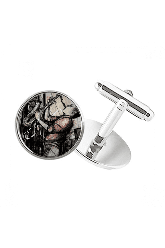 Jazz Music Street Culture Illustrate Round Button Cuff Clip Stud Cufflinks