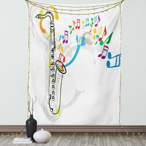 Jazz Music Tapestry, Celebration Festival Theme Colorful Artwork with Music Notes and Saxophone, Wall Hanging for Bedroom Living Room Dorm Decor, 60W X 80L Inches, Orange Green Red, by Ambesonne
