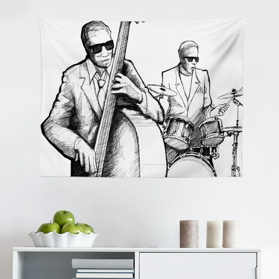 Jazz Music Tapestry, Singer Double-Bass Player in a Street of New York Urban Lifestyle Image, Fabric Wall Hanging Decor for Bedroom Living Room Dorm, 2 Sizes, Brown Beige, by Ambesonne