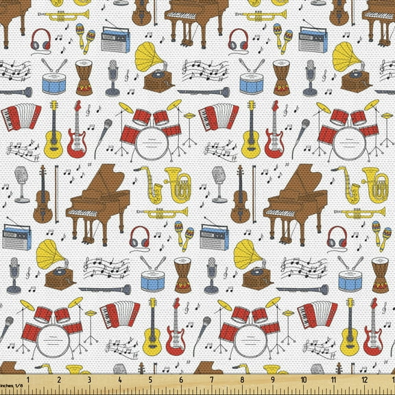 Ambesonne Jazz Music Fabric by the Yard Upholstery, Orchestra Cartoon, 10 Yards, Multicolor