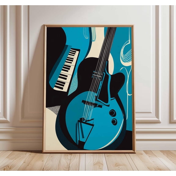 Jazz Music Wall Art Abstract Musician Piano Guitar Modern Blue Room Decor, Stretched Canvas 8x10in