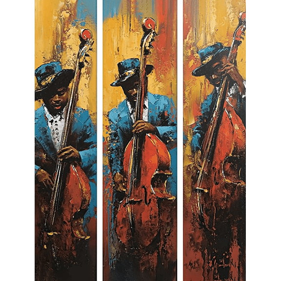 Jazz Musician Double Bass Triptych Canvas Wall Art Suitable for Living Room Bedroom Office Dining Room and Hallway Decoration.