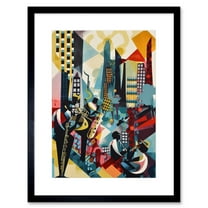 Jazz Musicians Playing on an Urban Landscape Rooftop Abstract Modern Watercolour Illustration Artwork Framed Wall Art Print 9X7 Inch