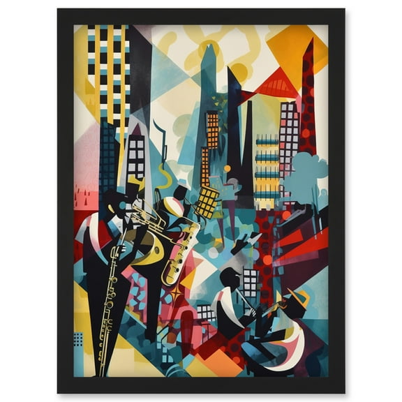 Jazz Musicians Playing on an Urban Landscape Rooftop Abstract Modern Watercolour Illustration Artwork Framed Wall Art Print A4