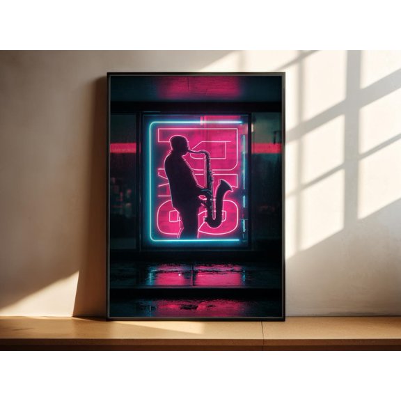 Jazz Neon Sign Music Print Saxophone Player Moody Wall Art, Unframed Paper Print