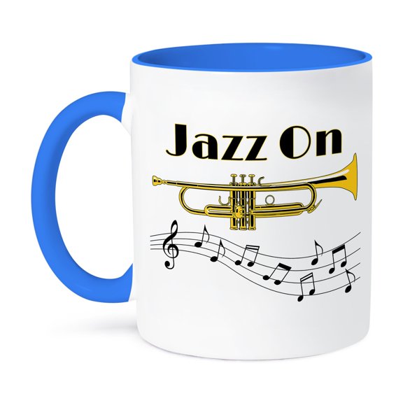 3dRose, Jazz On for any brass or trumpet player in the jazz band., 15oz Two-Tone Blue Mug