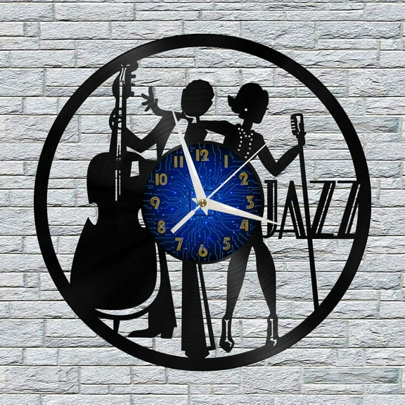 Jazz Playing 6 12 Inch Vinyl Record Wall Clock - Silent, Creative, and Unique Clock for Living Room, Entryway, or Bedroom Decor - Perfect Gift Idea(12 inchs B without LED)