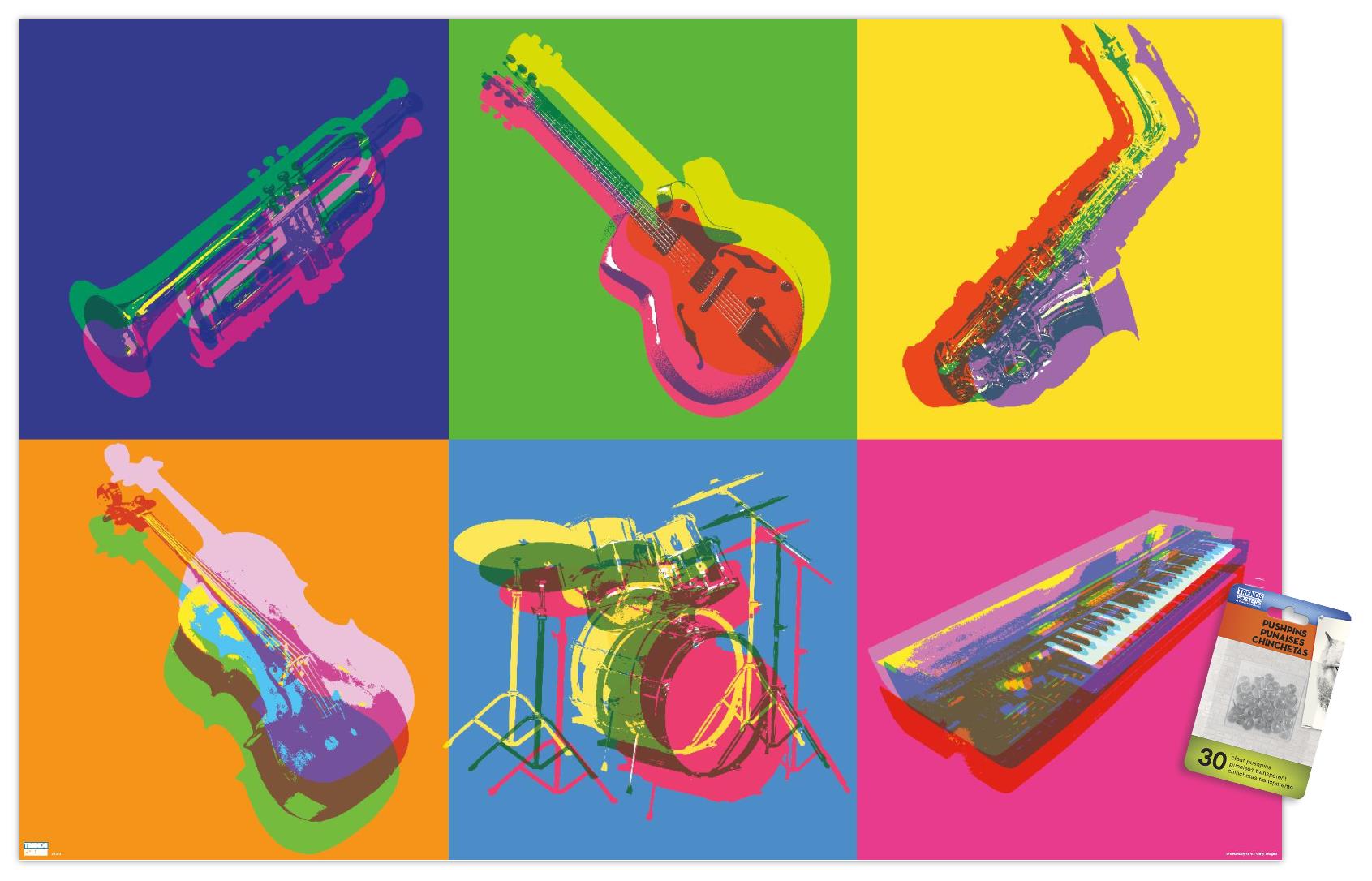 Jazz - Pop Art Instruments Wall Poster with Pushpins, 22.375
