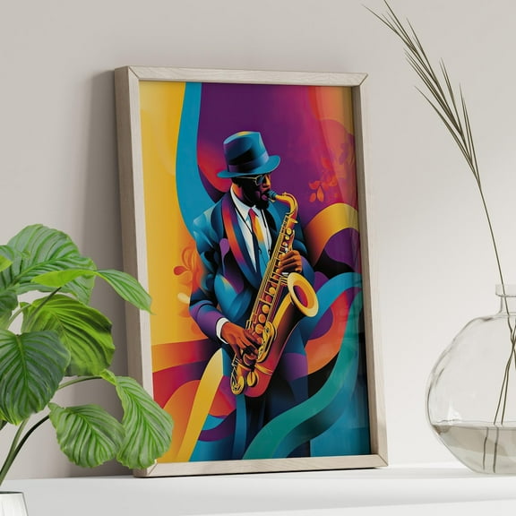 Jazz Saxophone Musician Wall Art Colorful Soul Decor, Stretched Canvas Size 16x24