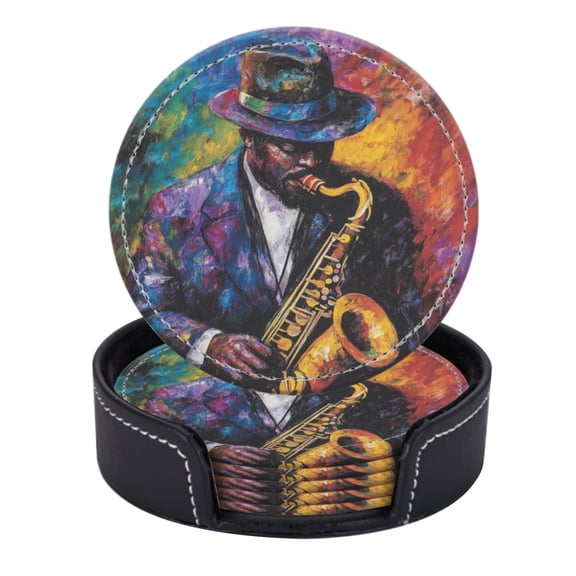 PU Leather Coasters for Drinks Bar Beer,Set of 6 with Holder,Round Housewarming Gift,Jazz Saxophone Player On White Background