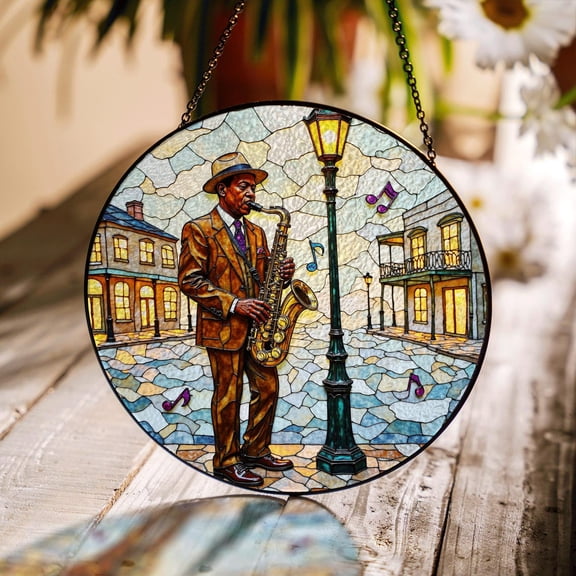 Jazz Saxophone Street Scene Glass Suncatcher, Urban Music Window Art, Musician, 3.5 in
