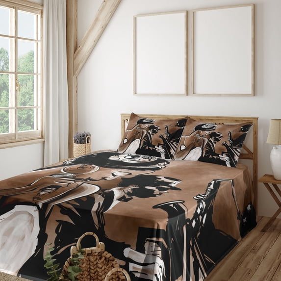 Ambesonne Jazz Fitted & Top Sheet Set with Shams, Musicians Band Performs Art, Charcoal Grey Umber