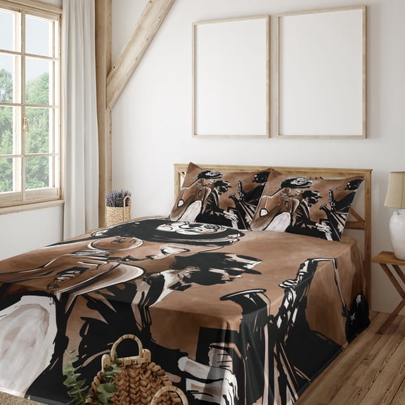 Ambesonne Jazz Fitted & Top Sheet Set with Shams, Musicians Band Performs Art, Charcoal Grey Umber