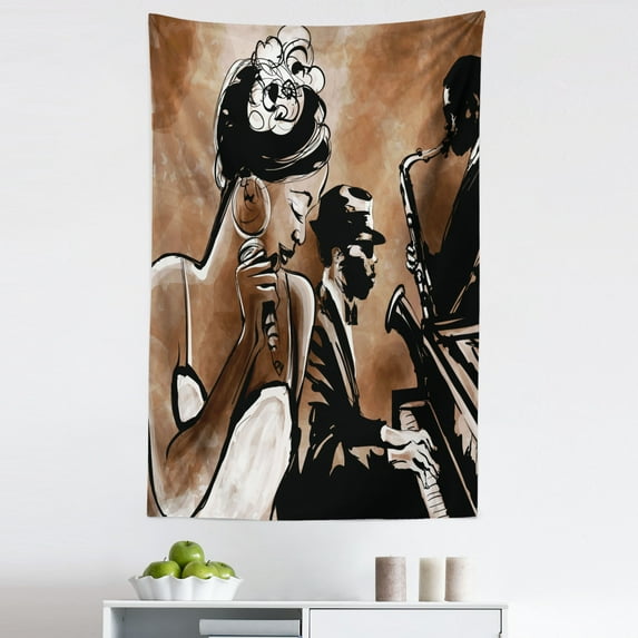 Jazz Tapestry, Musicans Singing Woman and Piano Saxophone Player Men, Fabric Wall Hanging Decor for Bedroom Living Room Dorm, 5 Sizes, Charcoal Grey Umber, by Ambesonne