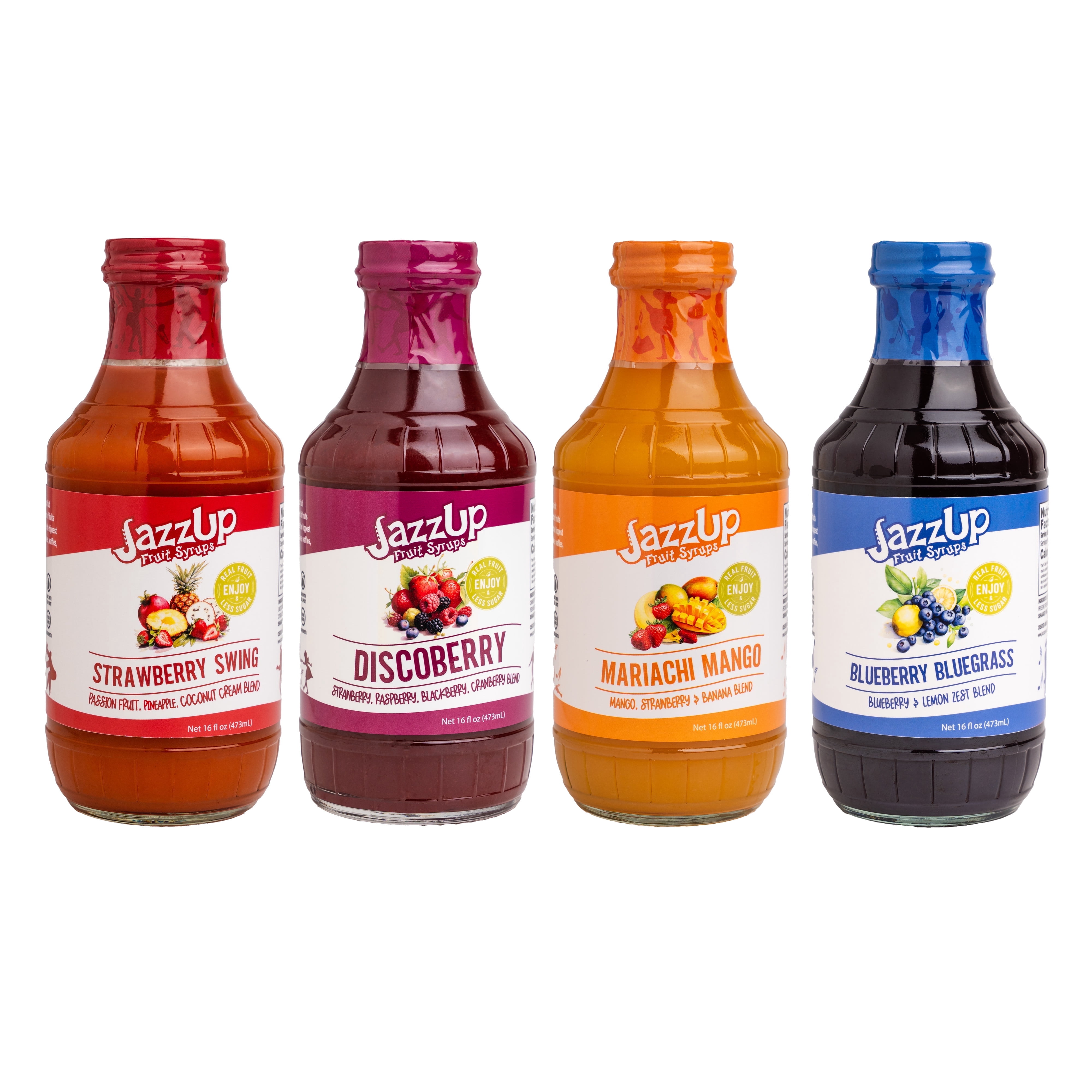 JazzUp Fruit Syrup Variety 4-Pack, includes Strawberry, Mango, Blueberry, Discoberry (mixed berry), 16 fl oz Each Bottle