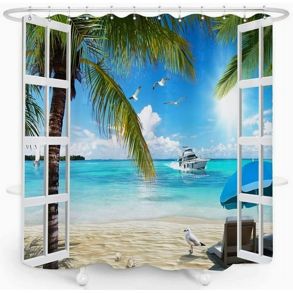Jbralid Beach Sunshine Shower Curtain Decorated with Fabric on Ocean Beach, Beach Perspective View 72x72 Inch Hawaii Seashore Summer Coastal Seaside Seascape 12 Hooks Waterproof