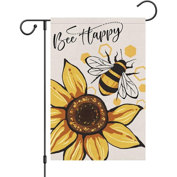 Jbralid Bee Happy Linen Garden Flag 12x18 Double Sided, Welcome Spring Summer Sunflower Lawn Flag