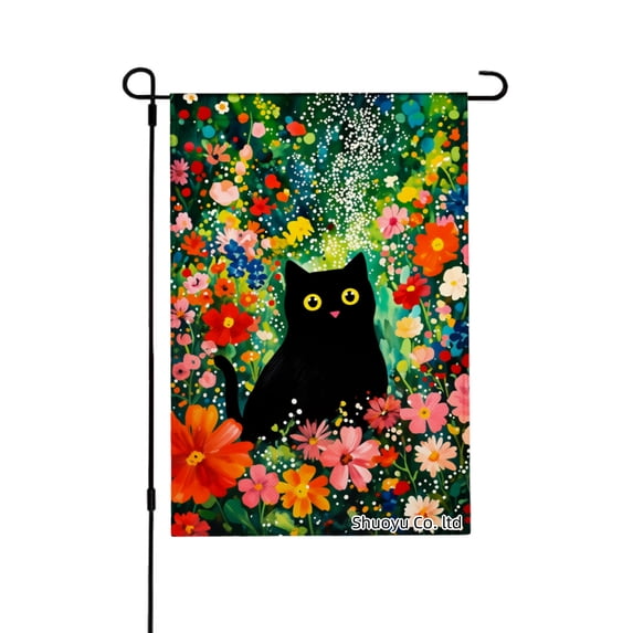 Jbralid Black Cat In Colorful Flower Garden Linen Garden Flag For Spring Summer Home Outdoor Garden Yard Door Decor 12x18 inch