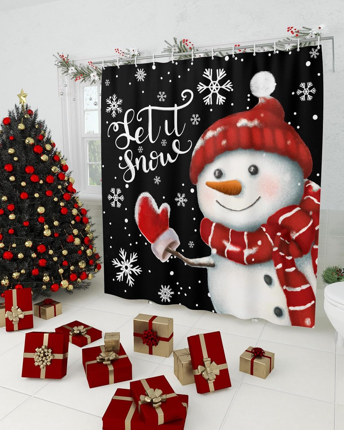 Jbralid Black Snowman Christmas Shower Curtain Set Standard 72" x 72