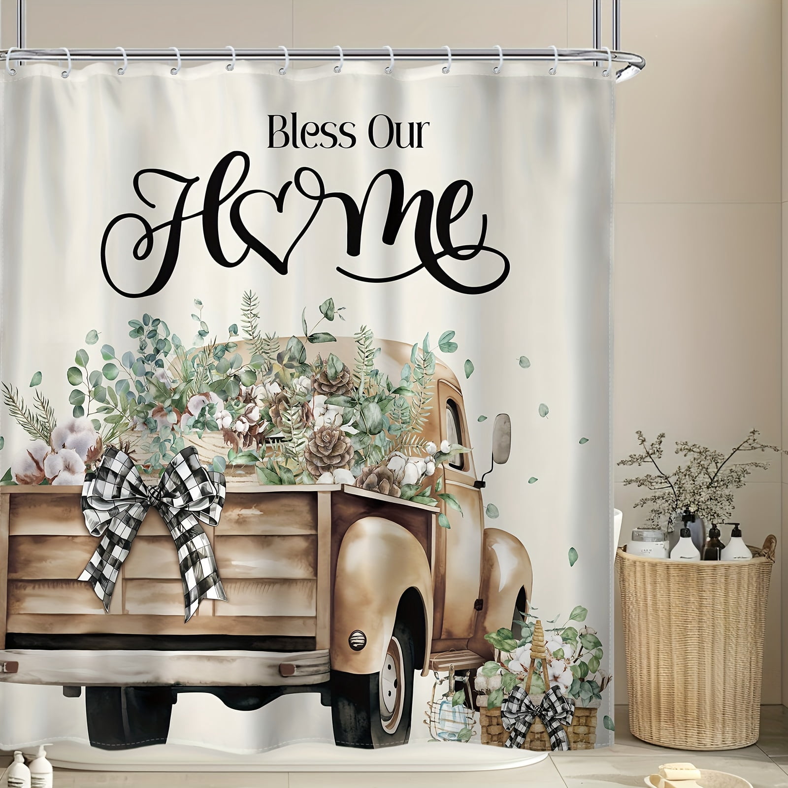 Jbralid Bless Our Home Vintage Truck Floral Shower Curtain for Home Bathroom Bath Tub Decoration 72x72 inch