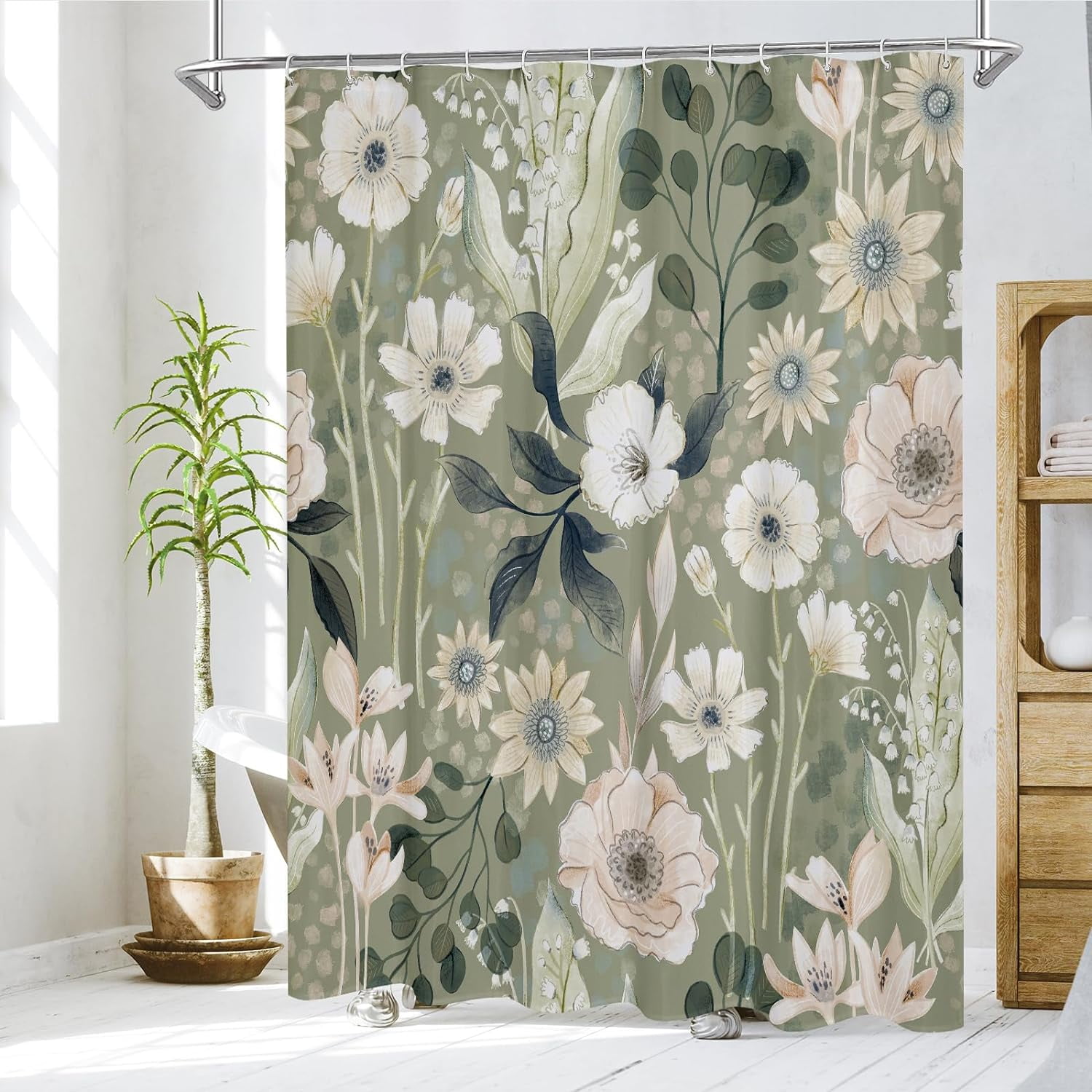 Green Floral Botanical Fabric Shower Curtain, 72x72