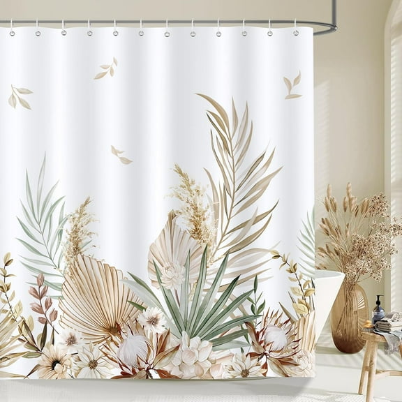Jbralid Boho Leaves Shower Curtain Tan Leaf with Flowers Decorative Waterproof Polyester Bath Curtain 72 x 72 inch with 12 Hooks
