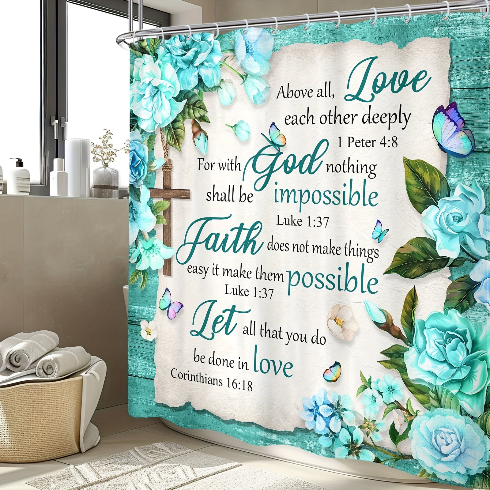 Jbralid Christian Inspirational Shower Curtain with Blue Flowers and Bible Verses for Home Bathroom Bath Tub Decoration 72x72 inch