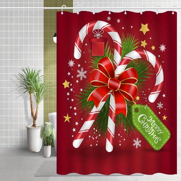 Jbralid Christmas Candy Cane Shower Curtain with Red Bow and Pine Branches, Festive Holiday Design for Home Bathroom Bath Tub Decoration 72x72 inch