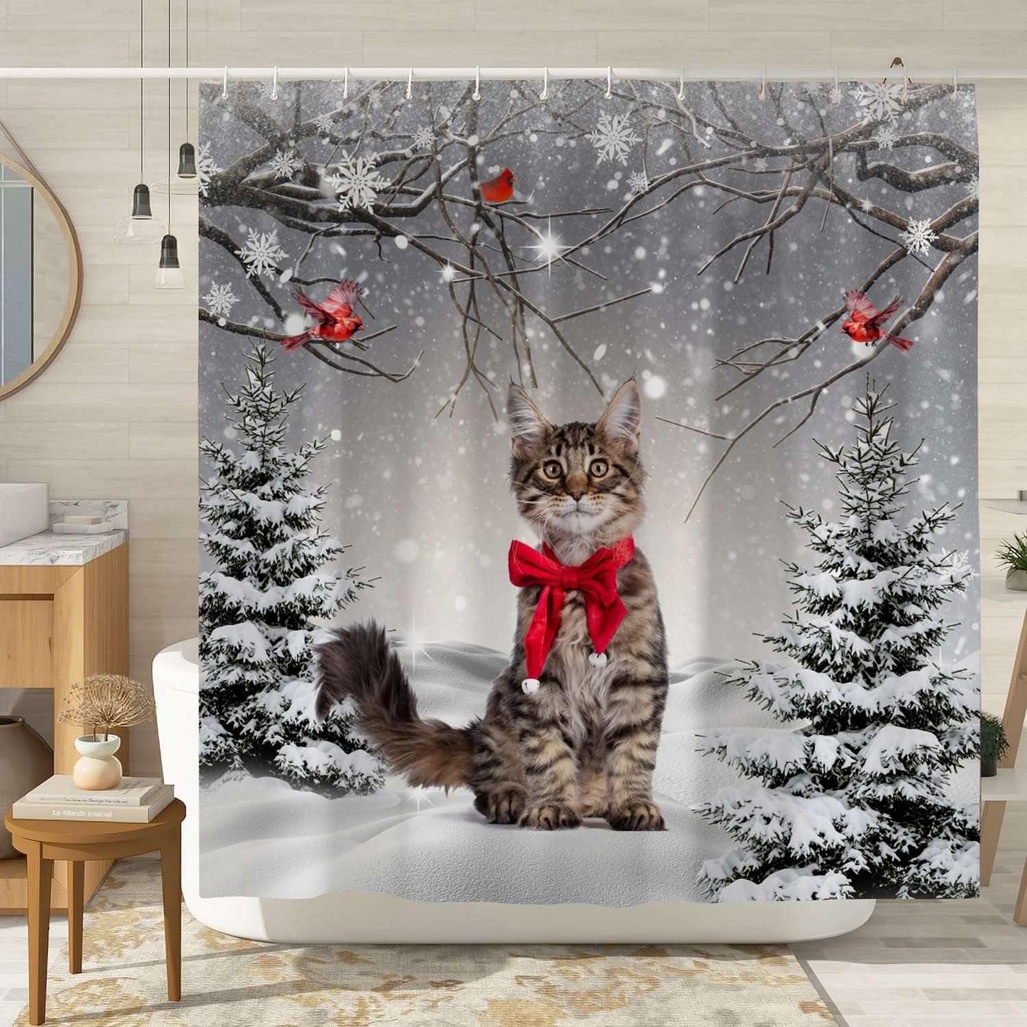 Jbralid Christmas Cat Shower Curtain Winter Snow Snowy Snowflakes