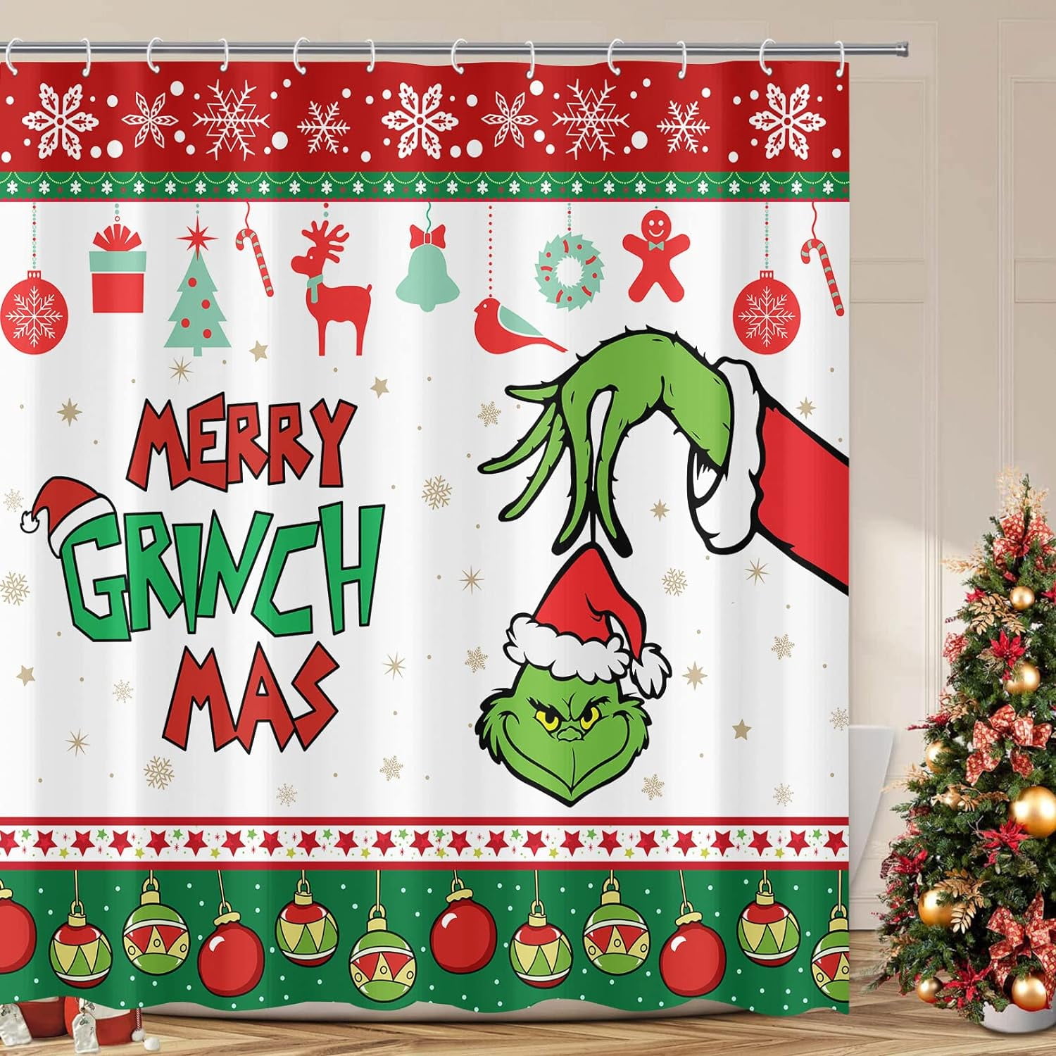 Jbralid Christmas Grinch Shower Curtain Set Winter Snowflake Waterproof