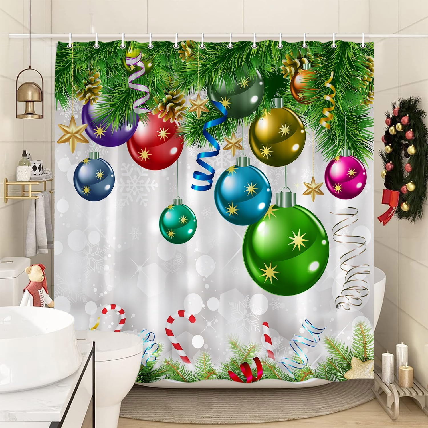 Jbralid Christmas Shower Curtain Christmas Ball Winter Xmas Tree Branch ...