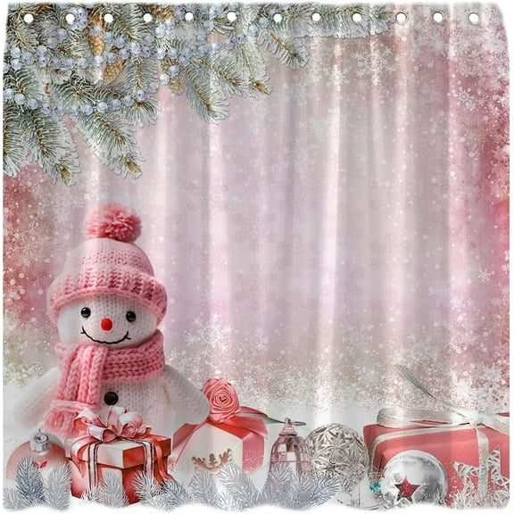 Jbralid Christmas Shower Curtain Cute Snowman Dreamy Pink Xmas Ball Green Pine Tree Branch Snowflake Snowy Winter Holiday Happy New Year Bath Curtain with Hooks, 72"x72"
