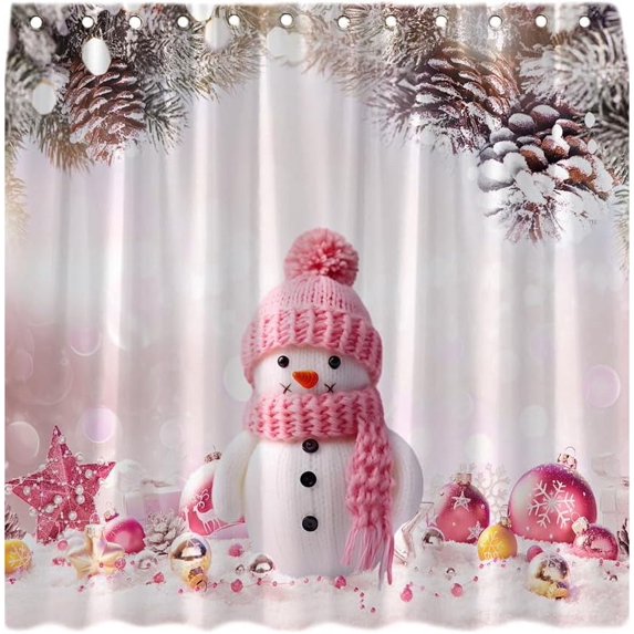 Jbralid Christmas Shower Curtain Cute Snowman Dreamy Pink Xmas Ball Snowy Pine Tree Branch Pine Cone Snowflake Winter Holiday Happy New Year Bath Curtain with Hooks, 72"x72"