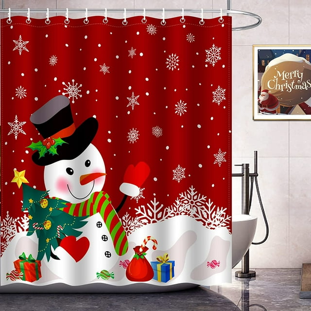 Jbralid Christmas Shower Curtain, Red Winter Xmas Tree Snowman Merry