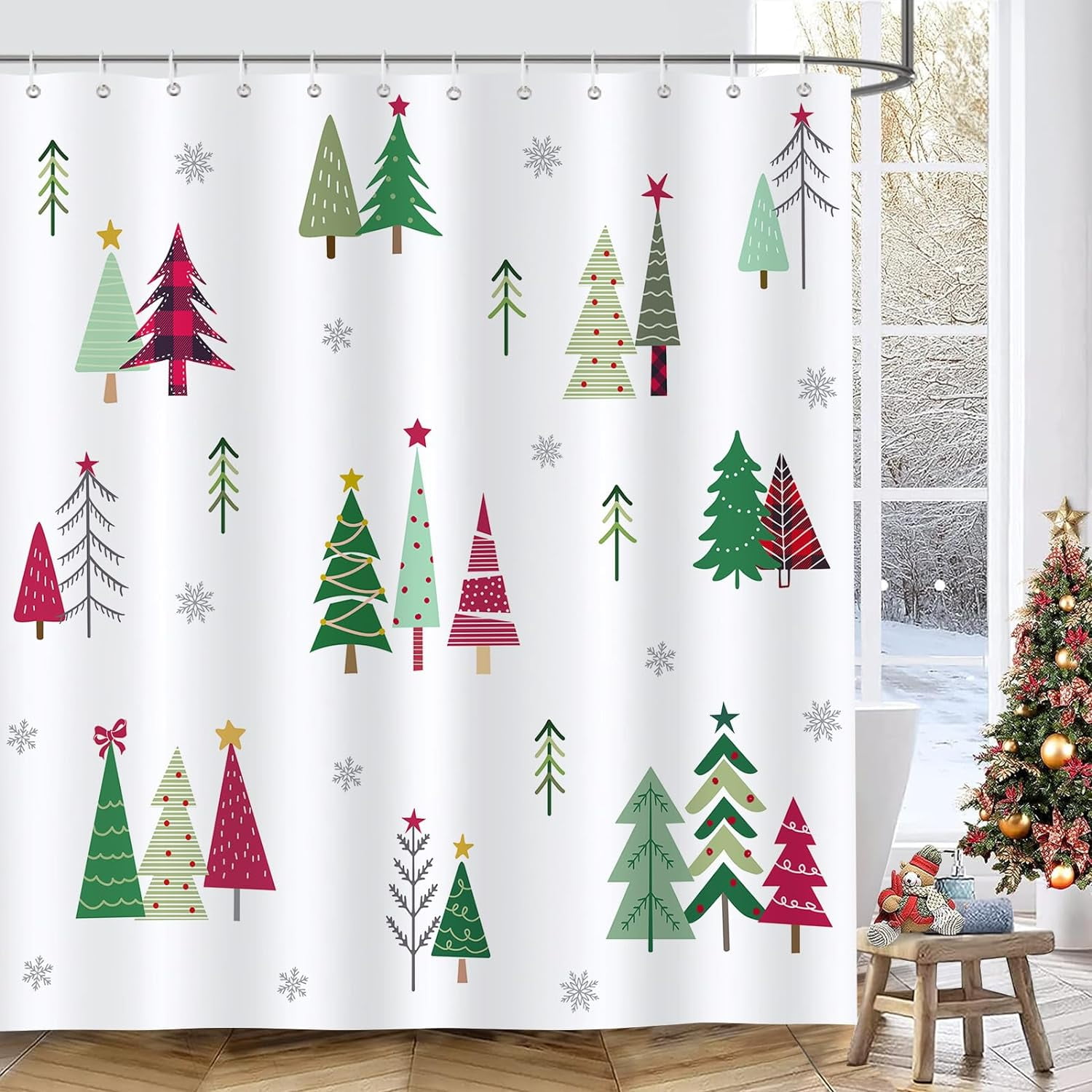 Jbralid Christmas Tree Shower Curtain Red Green Xmas Pine Tree Snowflake Winter Decorative Bath