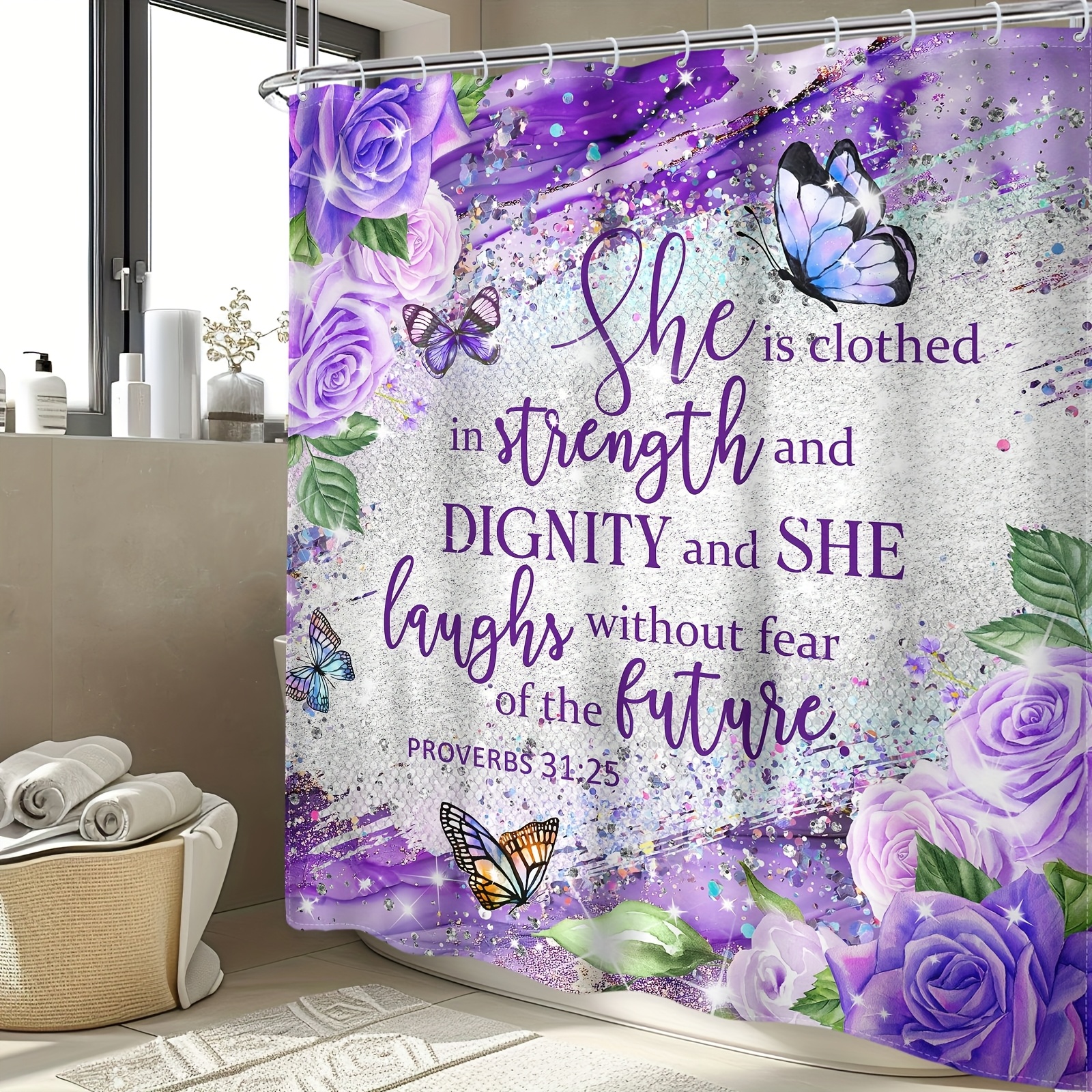 Jbralid She is Clothed in Strength and Dignity Shower Curtain with Purple Roses and Butterflies Bible Verse Proverbs 3125 for Home Bathroom Bath Tub Decoration 72x72 inch