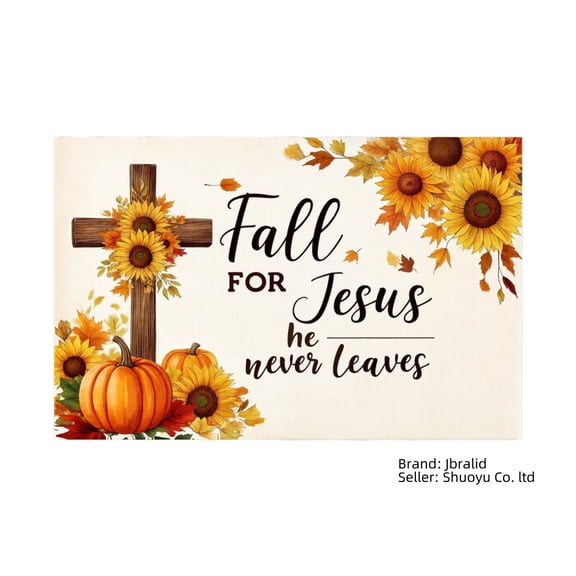 Jbralid Fall for Jesus He Never Leaves Cross Sunflower Pumpkin Autumn Religious Theme Placemat Set of 4 for Home Kitchen Table Decor 12x18 inch