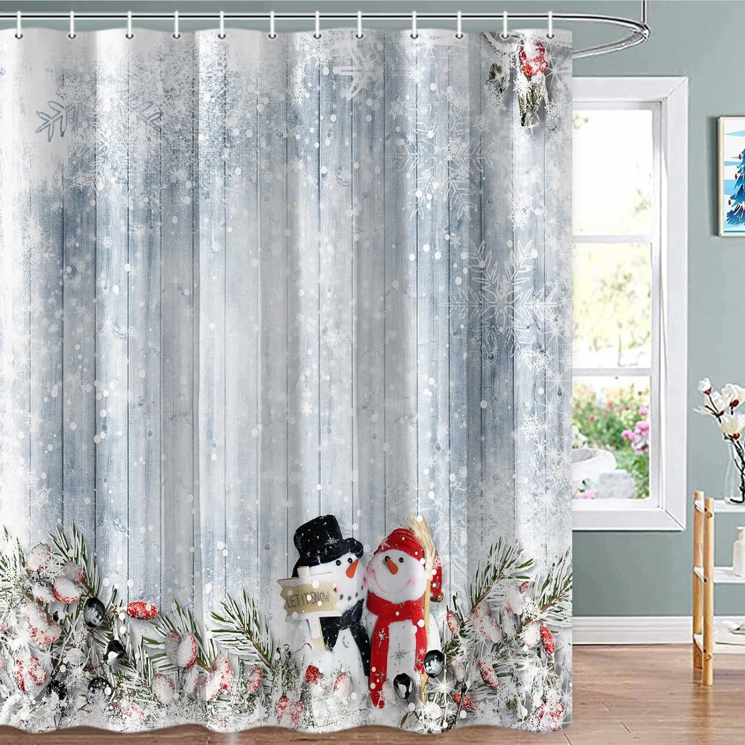 Jbralid Farmhouse Christmas Snowman Shower Curtain, Winter Snowflake